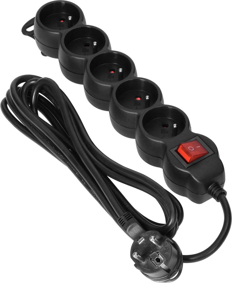 Orno® Steckdosenleiste – Verlängerungskabel – Verlängerungskabel – mit Erde – 5 Steckdosen – 5 x 2p+e mit Schalter – 3 Meter – h05vv-f 1x1,5 mm2, imax=16a, schwarz max 3680 Watt – für Belgien