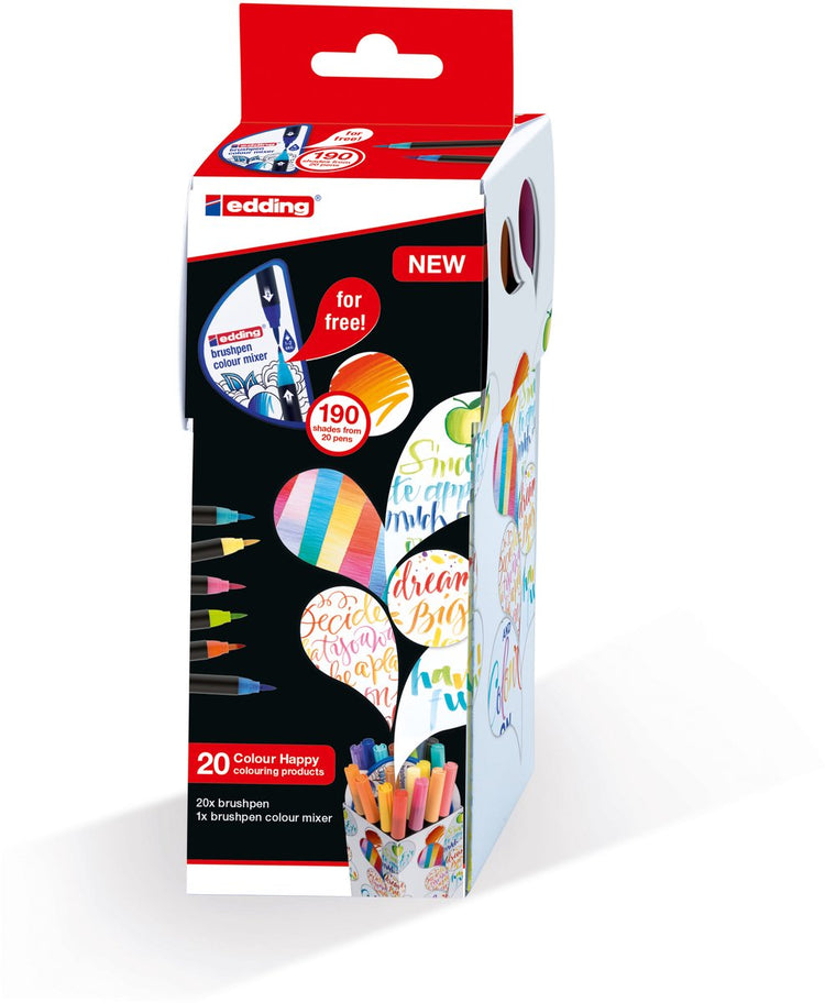 Edding Colour Happy Pinselstifte sortierte Box – 20 Pinselstifte – flexible Pinselform – variable Spitze – praktische Box mit 20 Pinselstiften und einem Farbmischer