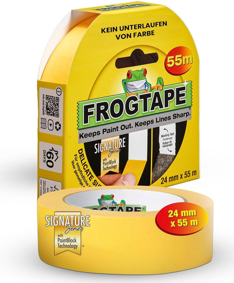 Frog Tape Zarte Oberfläche – Abdeckband Malerband – Gelb 24 mm x 55 m für saubere Linien ohne Auslaufen der Farbe – geeignet für alle Farbarten im Innen- und Außenbereich auf rauen oder feuchten Oberflächen – stabiles Papier in Profiqualität