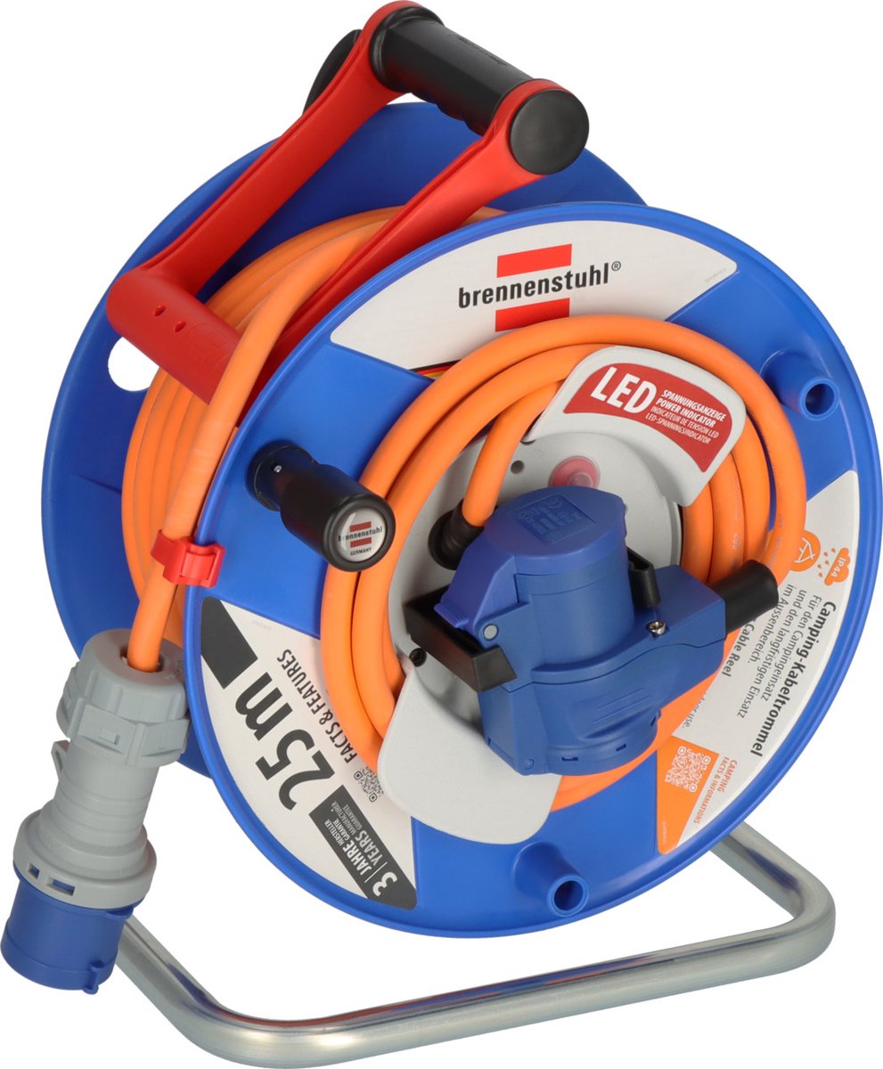 Brennerstuhl Camping-Kabeltrommel mit 25m Kabel in Orange mit LED-Spannungsanzeige (CEE 230V Kabeltrommel mit CEE-Winkelstecker inklusive Schutzkontakt-Kombistecker, für den dauerhaften Außeneinsatz, hergestellt in Deutschland)