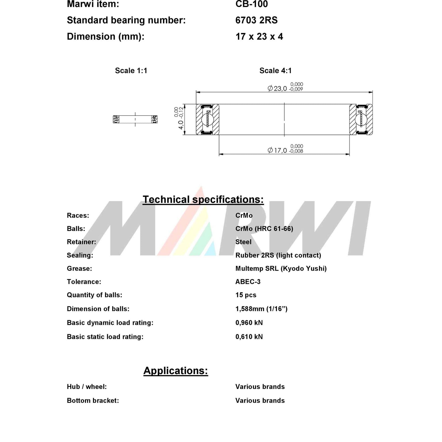 Union Kogellager CB-100 6703 2RS (17x23x4)