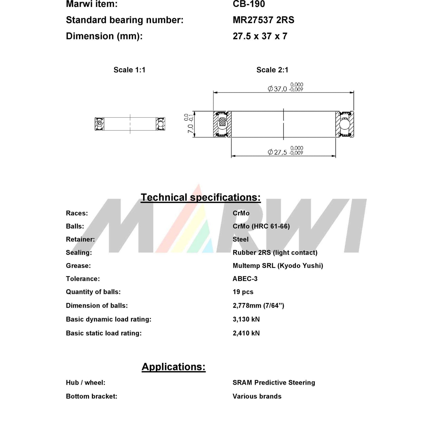 Marwi Kogellager CB-1990 MR27537 2RS 27,5x37x7