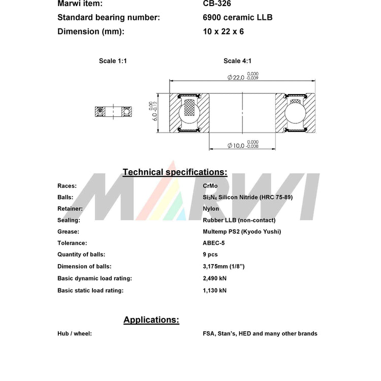 Union Kogellager CB-326 6900 LLB 10x22x6 Keramik