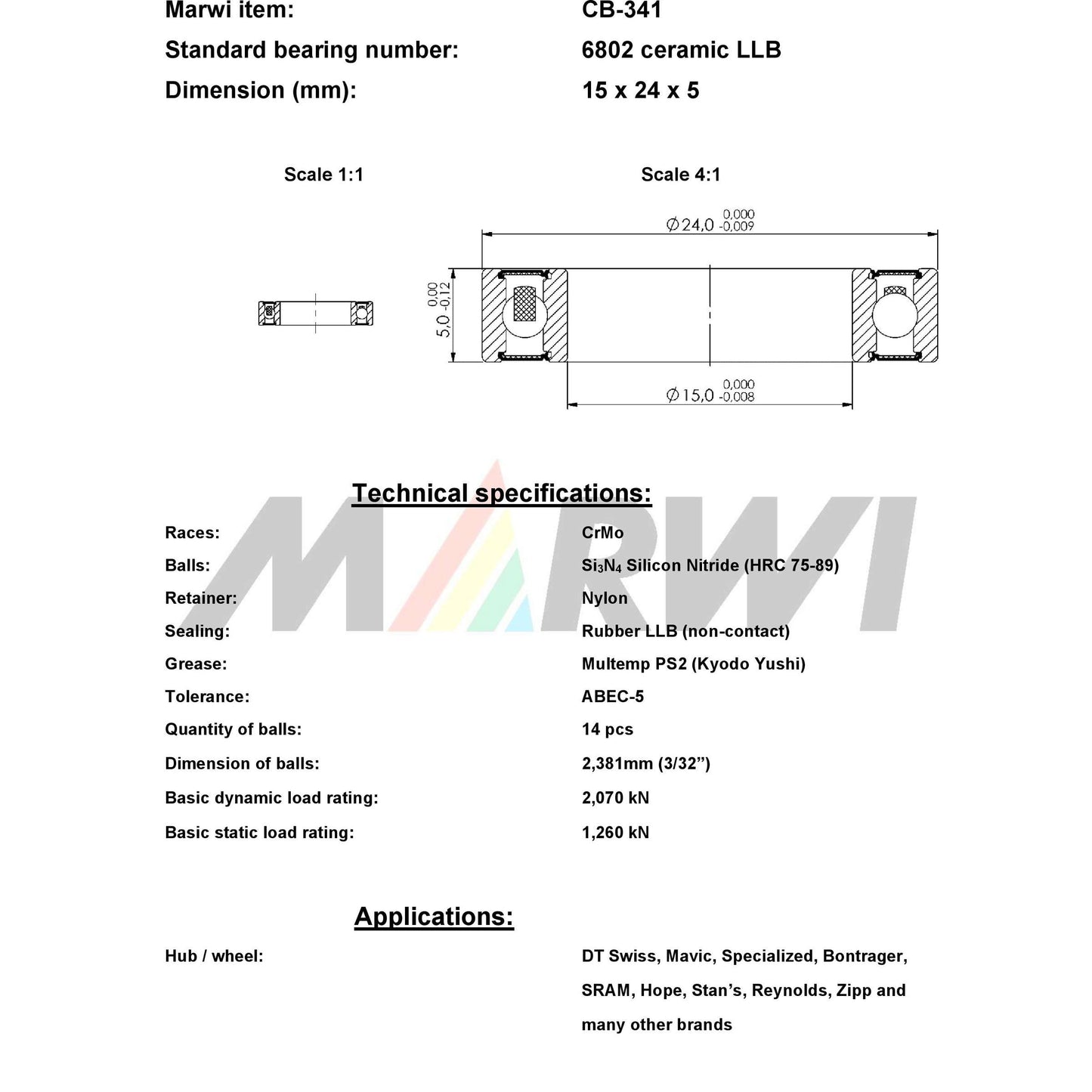 Union Kogellager CB-341 6802 LLB 15x24x5 Keramik