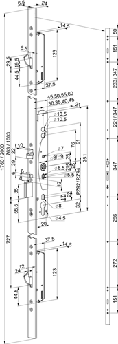 Abloy el466 Sicherheits-Panik-Mehrfachverriegelung | einseitig griffgesteuert | selbsthemmend | skg*** | dm35mm | pc92mm | Frontplatte Edelstahl 24x2000mm U-Form | 12 24 V Gleichstrom | dr 1+2+3+4 - 10037688