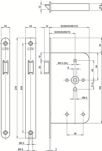 Assa Abloy 2465 Laufschloss | dm50mm | Kurbelloch 8mm | Frontplatte aus lackiertem Stahl 20x235mm abgerundet | dr 1+3 2+4 - 7962040