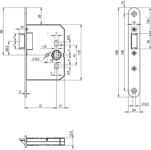 Assa Abloy N1002 Laufschloss | dm65mm | Kurbelloch 8mm | Frontplatte Edelstahl 24x185mm abgerundet | Zamak vernickelter Riegel | dr 1+3 2+4 - 10049500