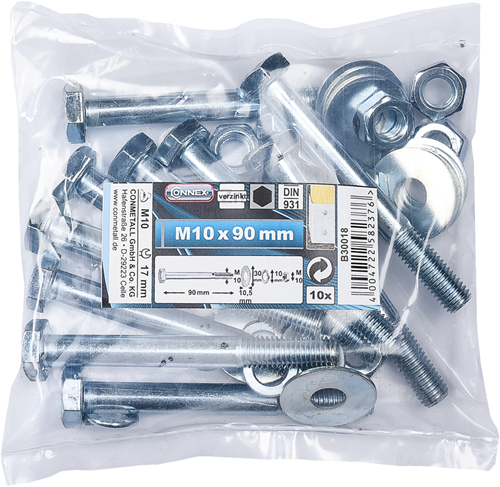 Verbindungsschraube 10x90 + Mutter+SR+GR-Beutel 10 Stück - B30018