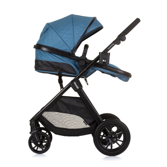 Chipolino Harmonie faltbar 3-in-1-Kinderwagen mit Wickeltaschen Jeans Blau Schwarz