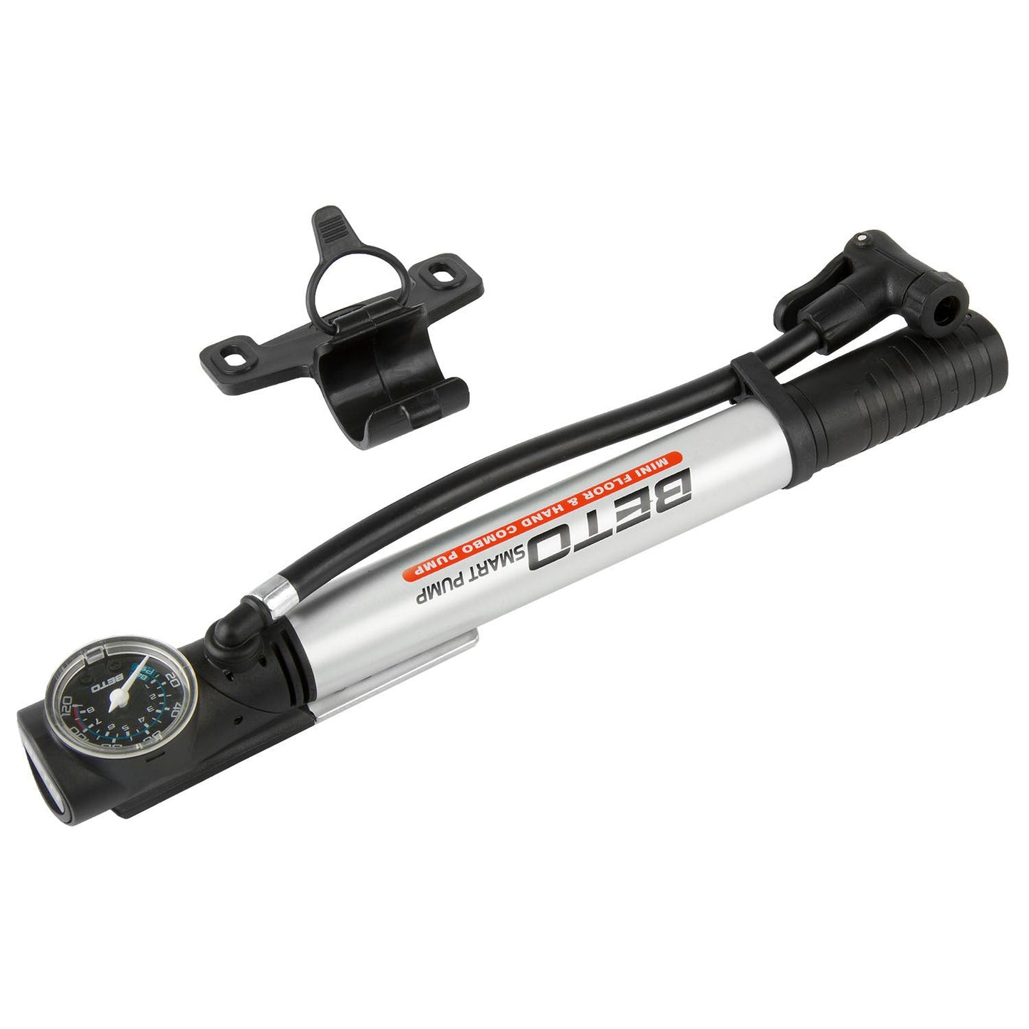Messinggelagerte Beto-Minipumpe mit Manometer aus Aluminium. silber schwarz
