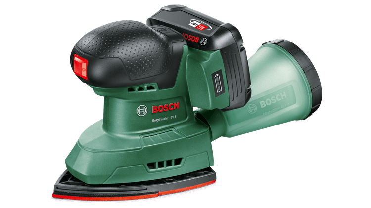 Bosch grüner Akku-Multischleifer EasySander 18V-8 | inkl. 1-Stunden-Ladegerät (bereits 18 V-20) + 1 x 2,0 Ah-Akku + 3 Schleifblätter (rotes Holz) – 06033e3002