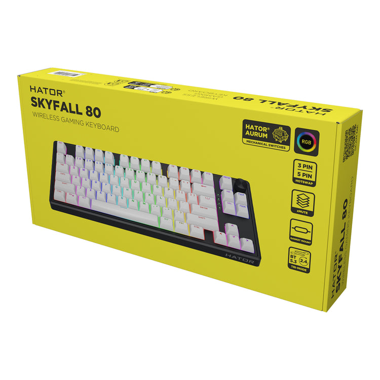 Hator Skyfall Wireless, Gaming-Tastatur (Schwarz, US-Layout, Hator Aurum Lemon, 80 % (TKL), RGB, Double Shot ABS, Hot-Swap, 2,4 GHz Bluetooth USB-C)