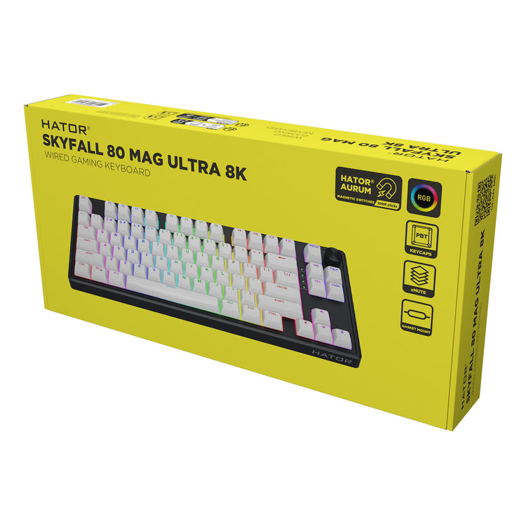 Hator Skyfall Mag Ultra 8K, Gaming-Tastatur (Schwarz, US-Layout, Hator Aurum Ice, 80 % (TKL), RGB, Double-Shot PBT, Hot-Swap)