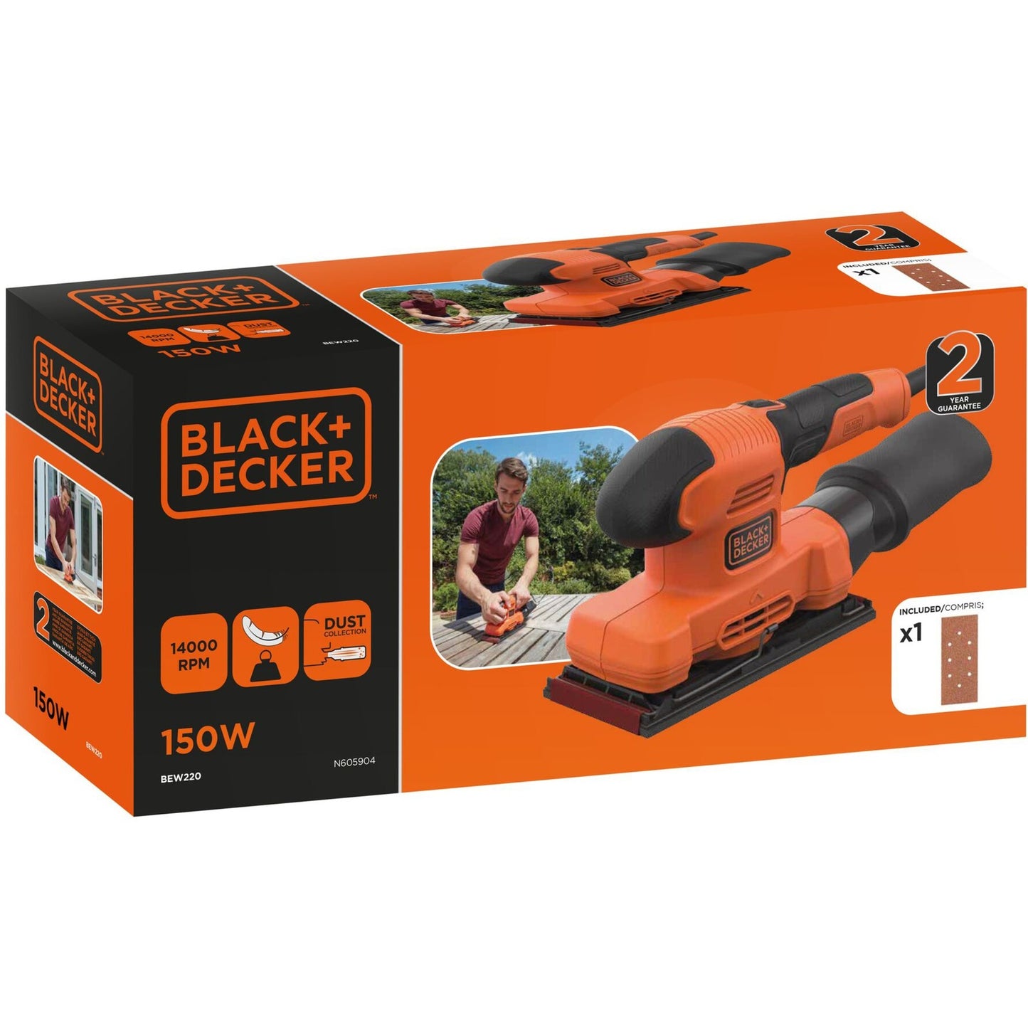 Black+Decker bew220 150w 1 3-Blatt-Exzenterschleifer | 1x Schleifblatt | Staubsammelbeutel – bew220-qs