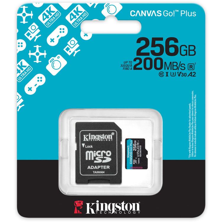 Kingston Leinwand los! plus microSDXC 256 GB Speicherkarte (schwarz, inkl. Adapter, Klasse 10, UHS-I U3, V30, A2)