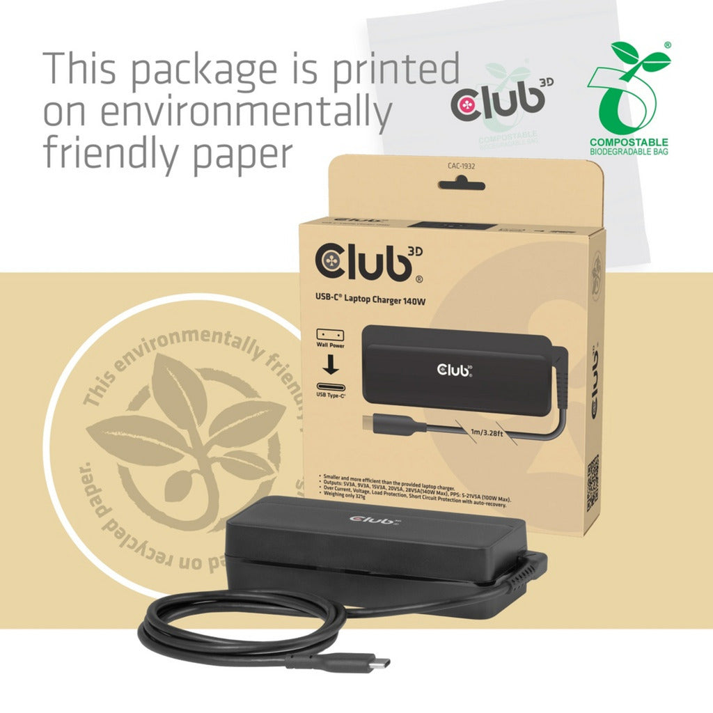 Club 3D USB-C Laptop-Ladegerät 140 W, 1 Meter (schwarz)