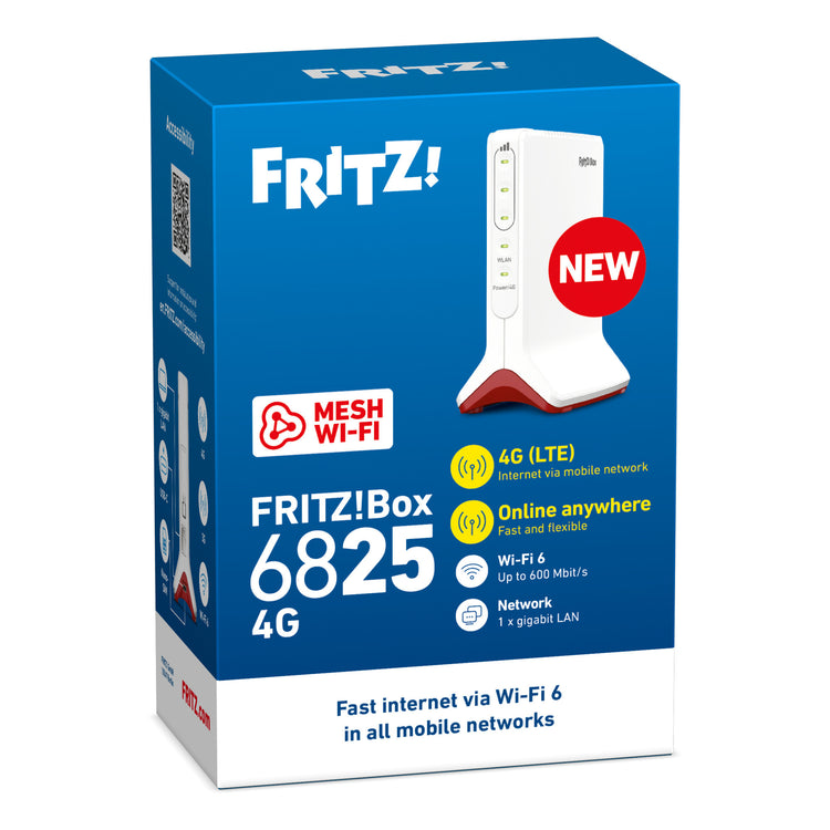 Fritz! Box 6825 4G Edition internationaler WLAN-LTE-Router (weiß rot, Mesh-WLAN, 4G 3G)