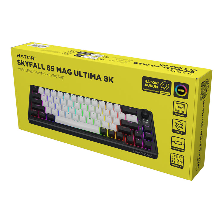 Hator Skyfall Mag Ultima 8K Wireless, Gaming-Tastatur (schwarz, US-Layout, Hator Aurum Ice, 65 %, RGB, Double-Shot PBT, Hot-Swap, 2,4 GHz Bluetooth USB-C)