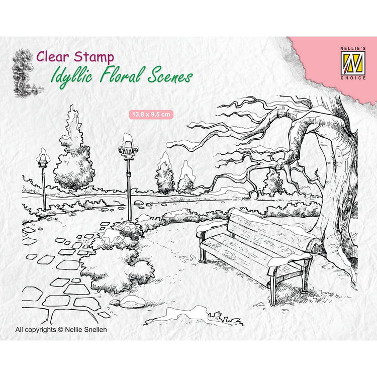 Nellies Wahl • idyllische Blumenszenen, klarer Stempel, winterlicher Park mit Bank, 135 x 90 mm