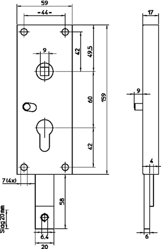Nemef 1802 b Garagenschloss | pc60mm | Schlosskasten verzinkter Stahl 59x159mm | Stange unten | federnd | M8-Anschluss | Nachtfunktion | dr 1+2+3+4 - 9180200020