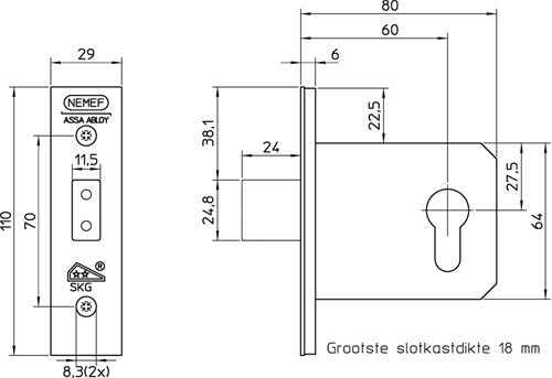 Nemef 4328 Sicherheitszusatzschloss | skg** | dm60mm | Frontplatte Edelstahl Zierfrontplatte 29x110mm rechteckig | dr 1+2+3+4 - 9432817600