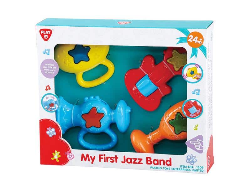 Bunte Musikinstrumente 4 Stücke in der Box.