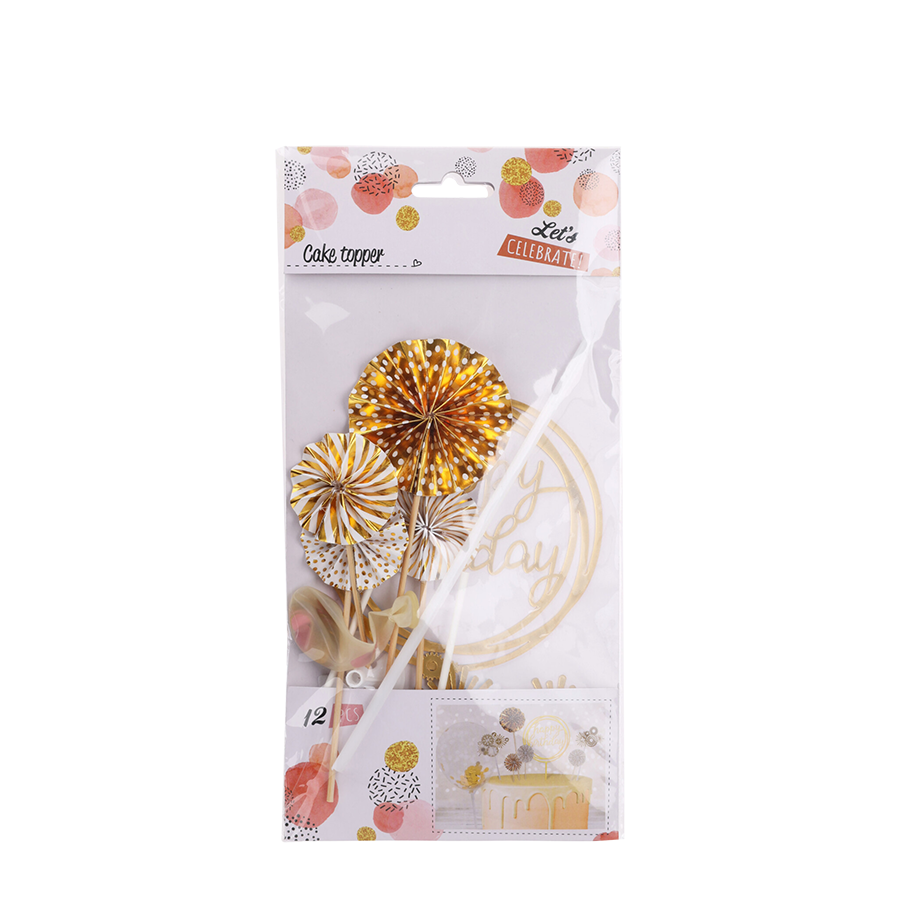 Kuchendekorationsset Gold Happy Birthday 12-teilig