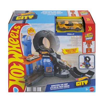 Hot Wheels City Centre Reifenwerkstatt – Spielset und Spielzeugauto – passend für das Quick-Click-Track-System