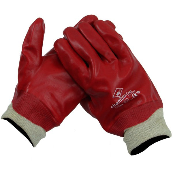 Handschuh PVC, roter Trikotkragen, hinten geschlossen