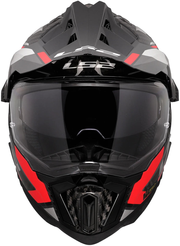 Ls2 Enduro-Helm MX701 Explorer Carbon Frontier II, interne Sonnenblende, abnehmbar, waschbar, hypoallergen und atmungsaktiv, verstärkter Kinnriemen, Rettungswangenpolster, Doppel-D-Futter Helm MX701 Expl. car.fr.ii l rot schwarz