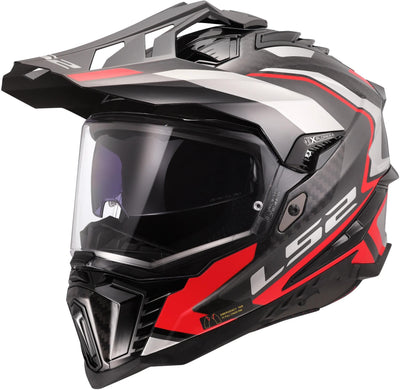 Ls2 Enduro-Helm MX701 Explorer Carbon Frontier II, interne Sonnenblende, abnehmbar, waschbar, hypoallergen und atmungsaktiv, verstärkter Kinnriemen, Rettungswangenpolster, Doppel-D-Futter Helm MX701 Expl. car.fr.ii xl rot schwarz