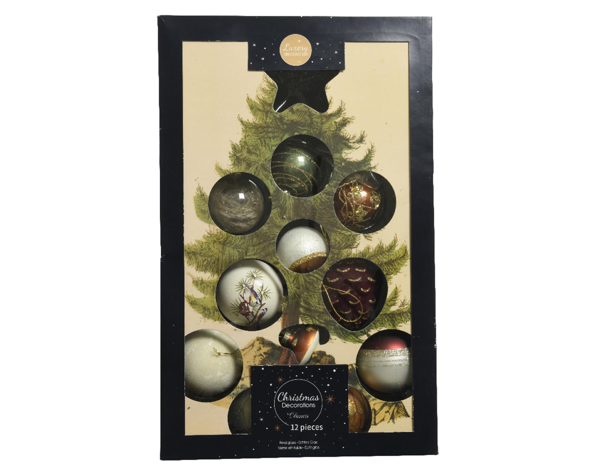 Decoris Weihnachtskugeln Mix Glas 12 Stück natur