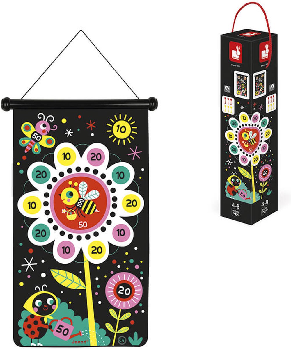 Janod – Spiel – Garten-Dartspiel – doppelseitige magnetische Dartscheibe