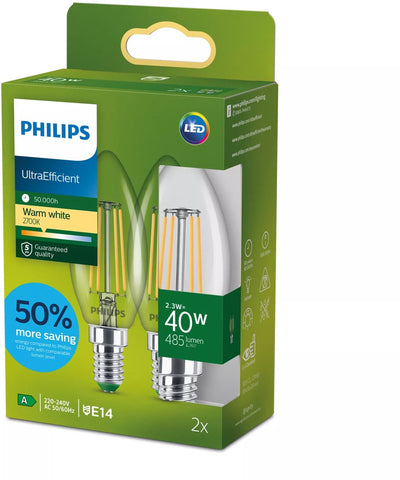Philips LED Philips ultraeffiziente LED-Kerzenlampe transparent – 40 W – E27 – warmweißes Licht
