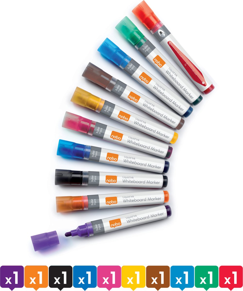 Nobo Whiteboard-Marker mit flüssiger Tinte und runder Spitze – 10er-Pack – sortiert