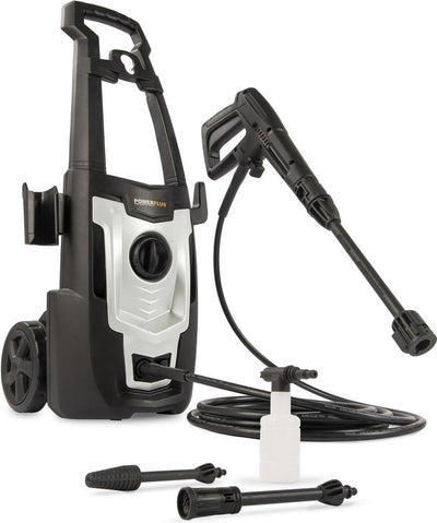 Powerplus Elektro-Hochdruckreiniger powxg90405 – 1400 W Terrassenreiniger, Start-Stopp-Funktion, max. Druck von 110 bar und Temperatur von 50 °C, 5 m Schlauch und Zubehör inklusive, Reinigung von Autos, Möbeln und Fahrrädern