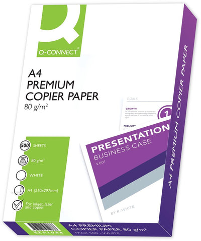 Q-Connect Premium-Kopierpapier, A4, 80 Gramm, Karton mit 5 Packungen à 500 Blatt, weiß