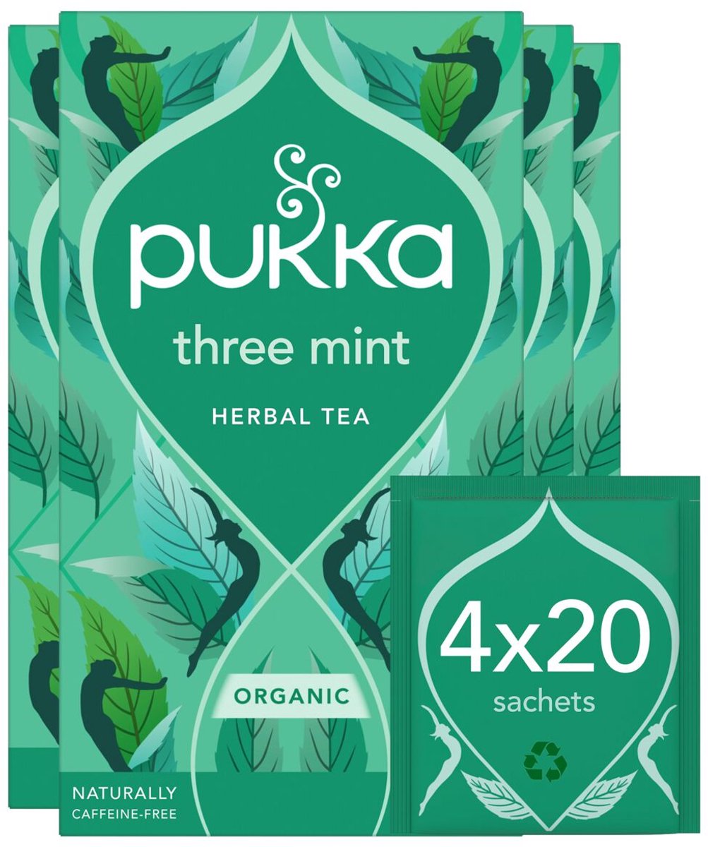 Pukka Tee Drei Minze – 80 Teebeutel – Bio-Kräutertee – 4 x 20 Beutel – Tee-Vorteilspackung