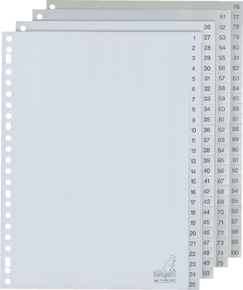 Tabs Kangaro PP G100cm A4 120 Mikron grau 4-Serie 1-100 23-Loch bedruckt