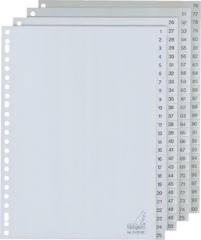 Tabs Kangaro PP G100cm A4 120 Mikron grau 4-Serie 1-100 23-Loch bedruckt