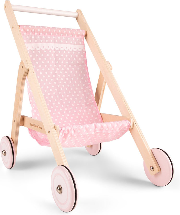 Woet® Puppenwagen aus Holz - rosa Spielzeugpuppenwagen mit Punkten - Schiebehöhe 50 cm - Rollenspielpuppenzubehör - ab 3 Jahren