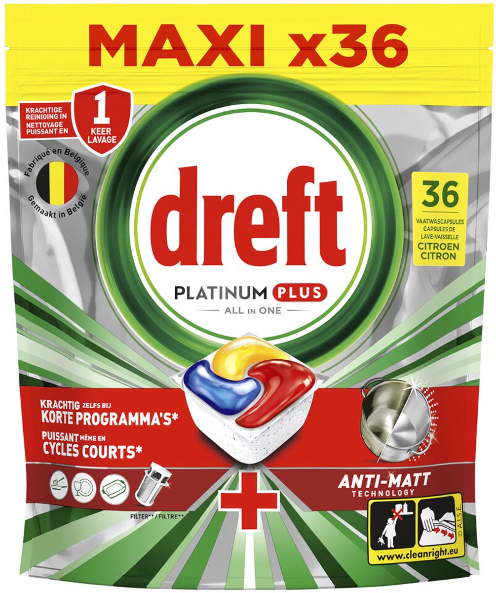 Dreft Platinum Plus All-in-One-Spülmaschinentabletten – Zitrone – Anti-Matt-Technologie – 180 Kapseln – jährliche Menge