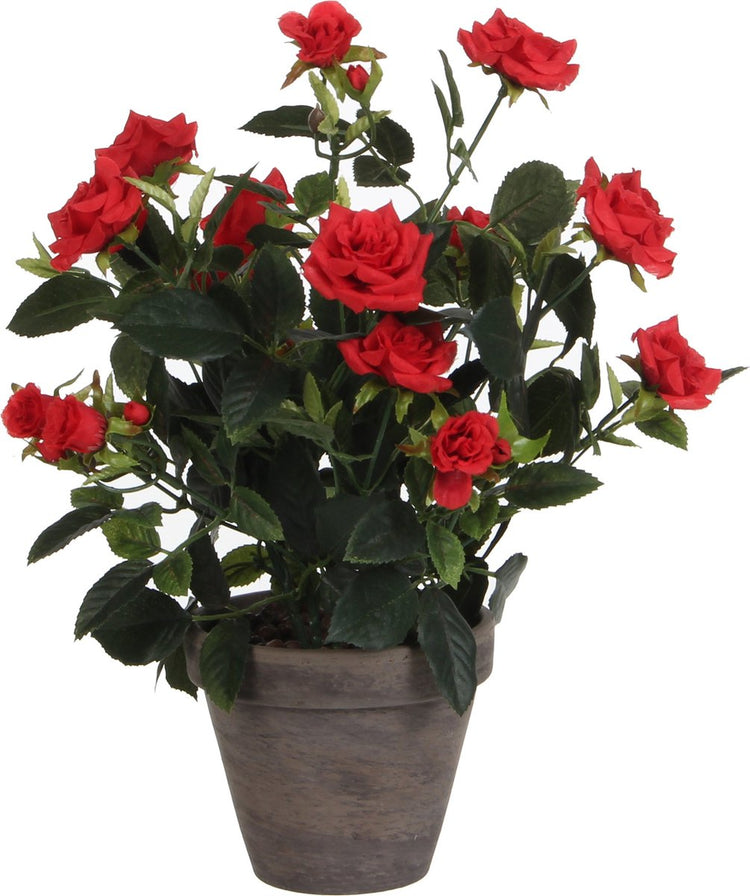 Glimmerdekorationen Kunstpflanze - Rosen - rot - im grauen Topf - 33 cm