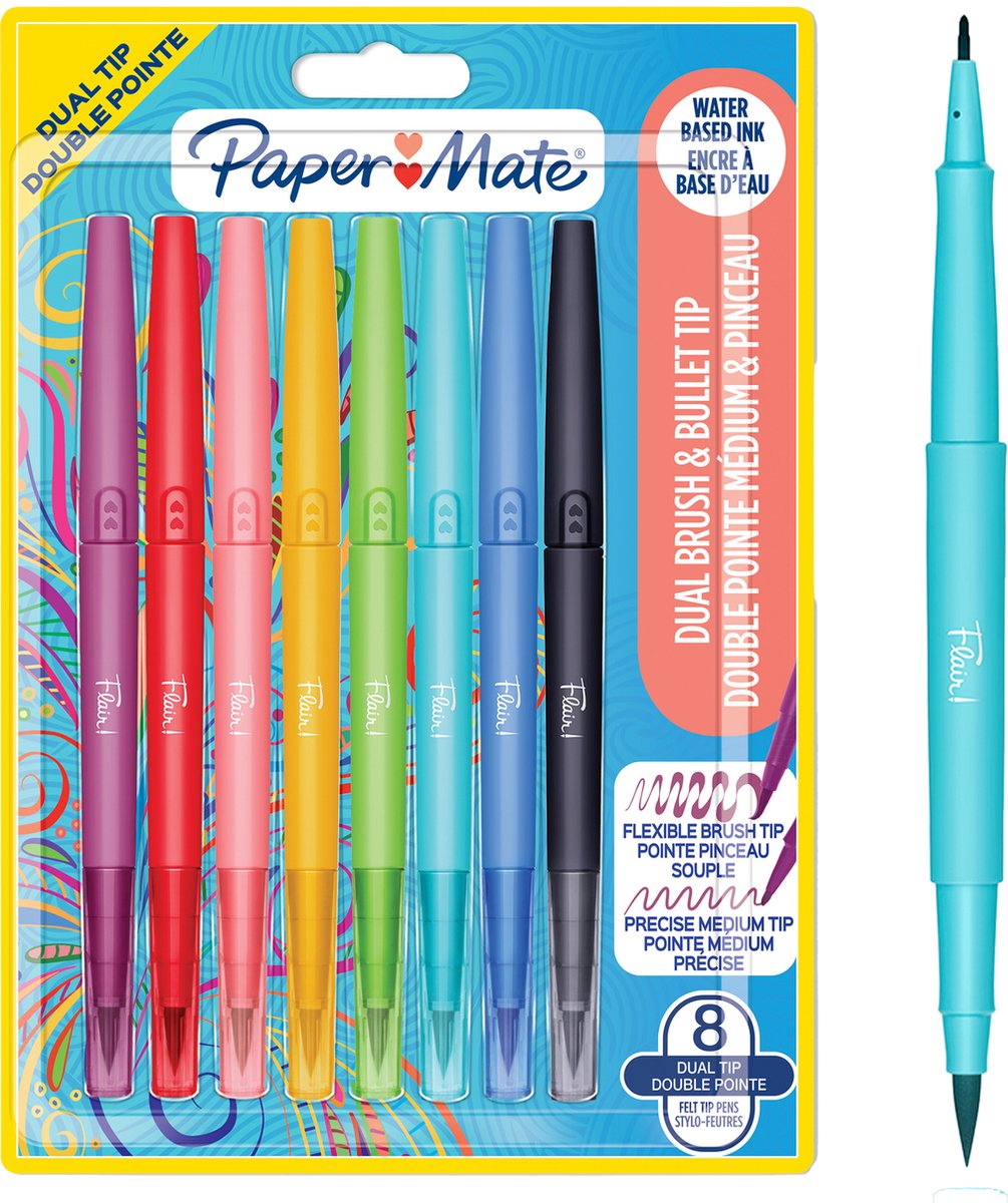 Paper Mate Flair Dual-Filzstift | Pinsel und mittleres Ende (0,7 mm) | Farbstifte mit Doppelenden | verschiedene Farben | 8 Stück