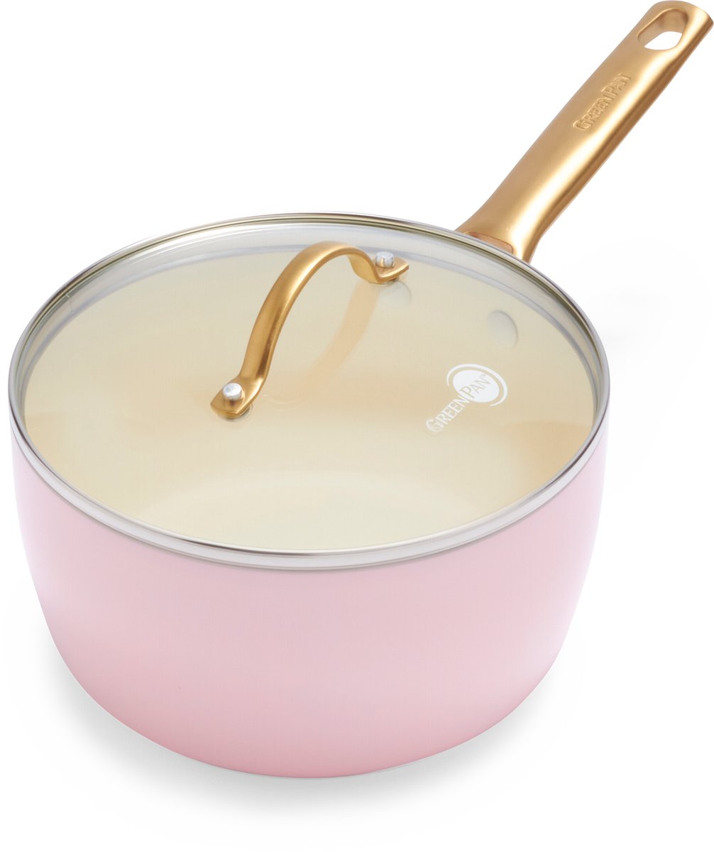 Greenpan Padova rosa Keramik-Induktionstopf mit Deckel 18 cm – PFAS-frei – Induktionstopf – ofenfest bis 200 °C – spülmaschinenfest – Edelstahlgriffe – mit Deckel – rosa