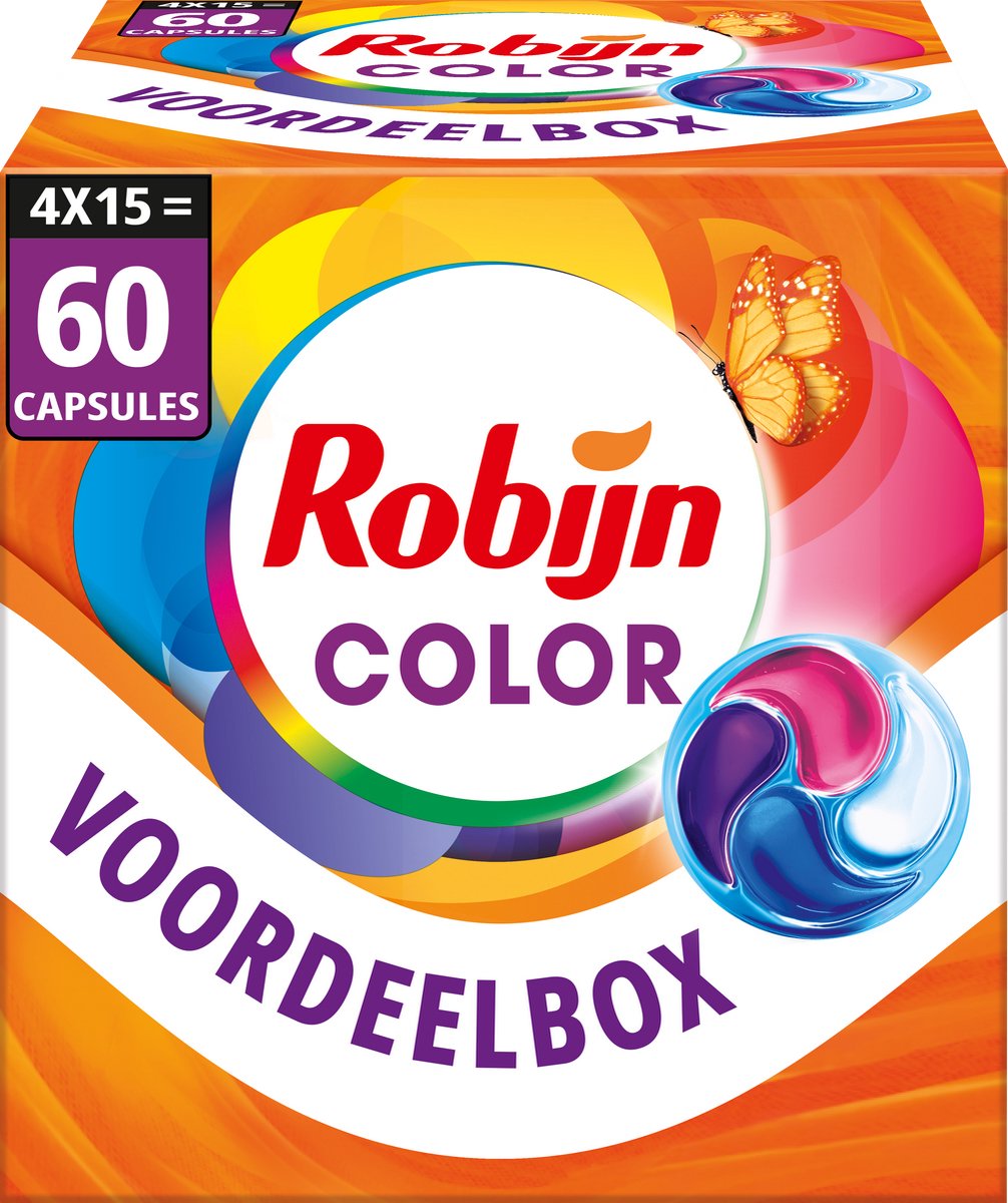 Robijn Waschmittel – 4-in-1-Waschkapseln – Farbe – 4 x 15 Stück – 60 Waschgänge – Vorteilspack