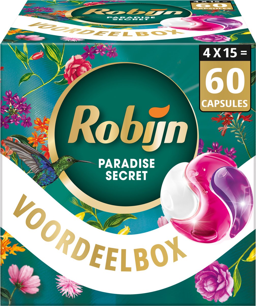 Robijn – 3-in-1-Waschkapseln – Farbparadies-Geheimnis – 4 x 15 Stück – 60 Waschgänge – Vorteilspack