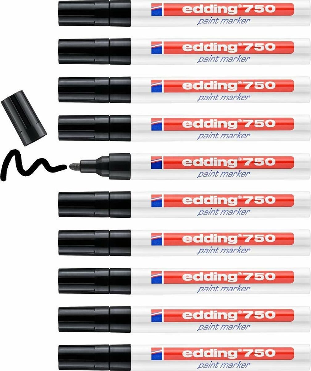 Edding 750 Lackmarker - Schwarz - Rundspitze 2-4 mm - Box à 10 Stück - Lackstift zum Markieren und Beschriften von Metall, Glas, Stein oder Kunststoff - hitzebeständig, permanent, wischfest und wasserfest