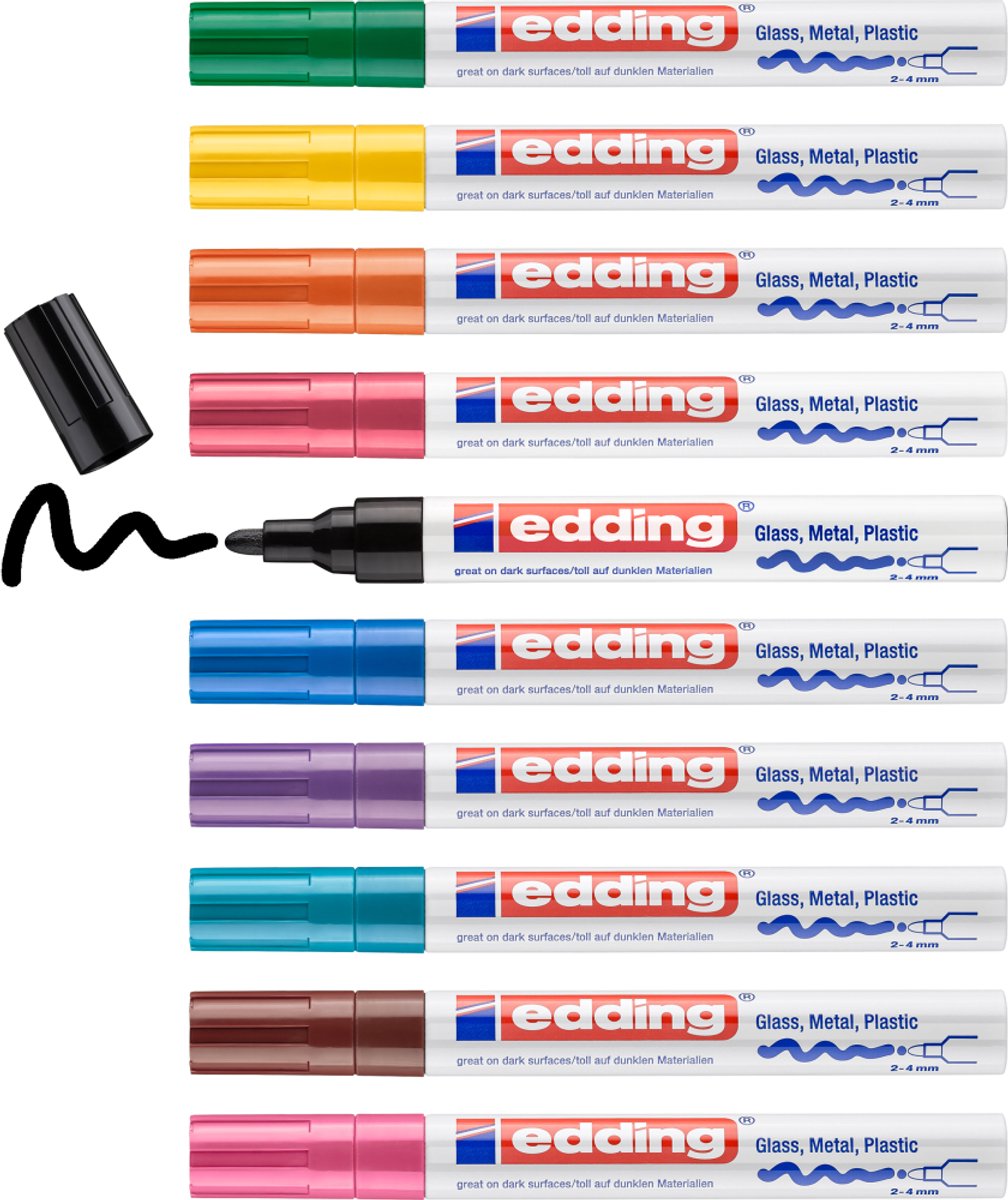 Edding 750 Glanzlackmarker – Box mit 10 verschiedenen Farben – 2–4 mm – hitzebeständig und lichtecht – geeignet zum dauerhaften Markieren, Dekorieren, Zeichnen auf Glas, Metall, Kunststoff und beschichtetem Papier