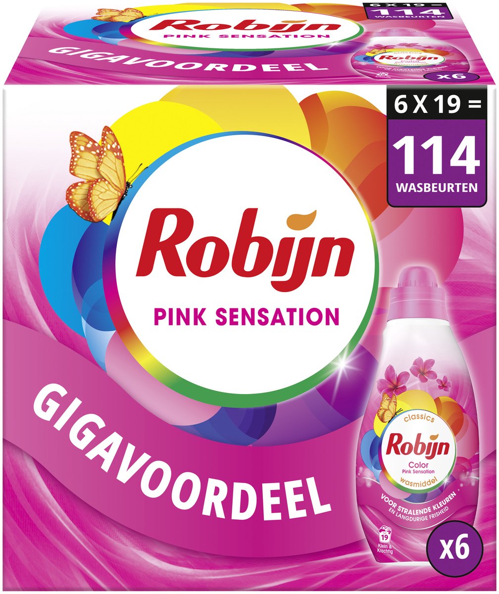 Robijn – Flüssigwaschmittel – klein, kraftvoll – Pink Sensation – 6 Flaschen – 114 Waschgänge